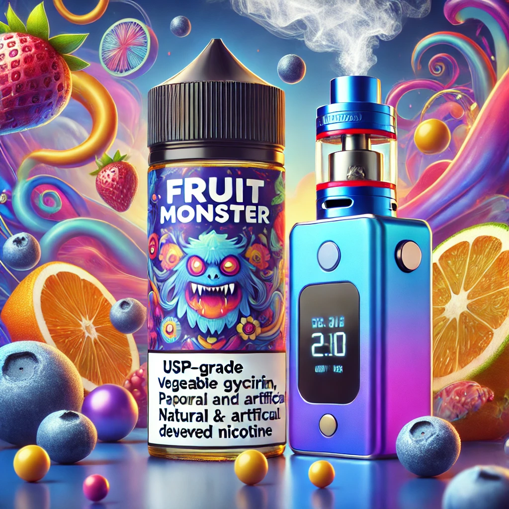 DALL%C2%B7E 2025 03 13 01.15.55 A vibrant high quality e liquid bottle of Fruit Monster with a blue and purple color scheme showcasing a fruity flavor profile such as Blueberry Ras